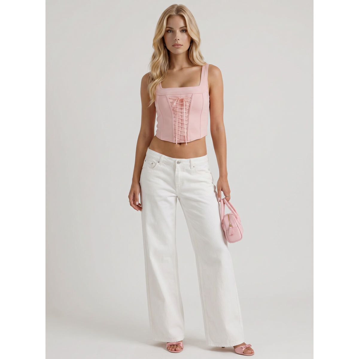Women's Wide Leg Denim Jeans with Embroidered Back Bow Detail and Mid Rise - Image 1