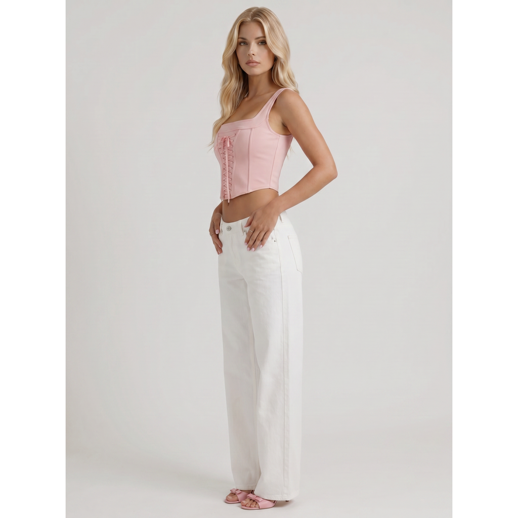 Women's Wide Leg Denim Jeans with Embroidered Back Bow Detail and Mid Rise - Image 3