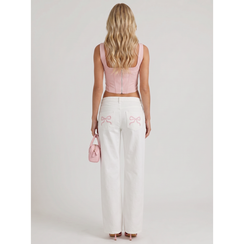 Women's Wide Leg Denim Jeans with Embroidered Back Bow Detail and Mid Rise - Image 5