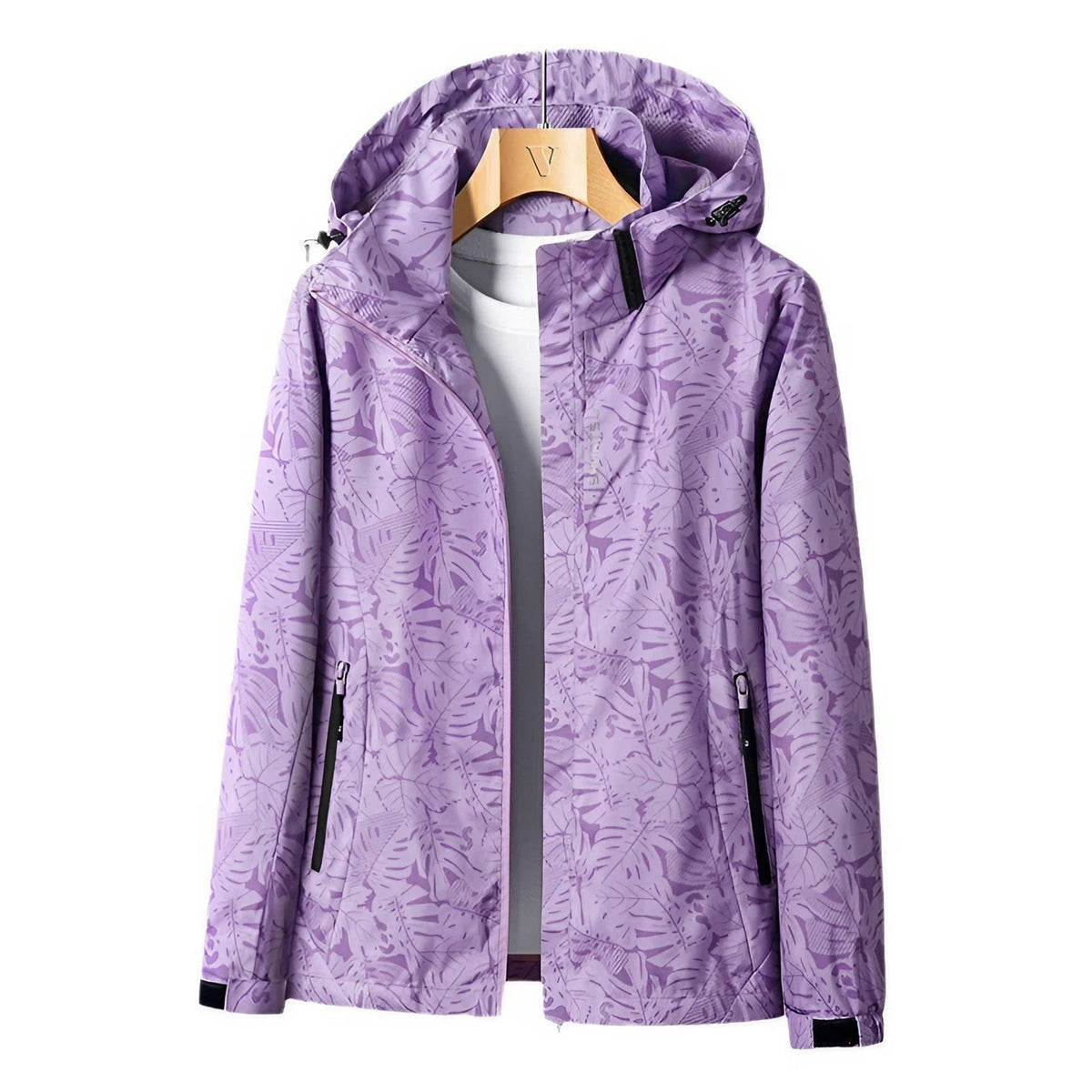Women's Windbreaker Rain Jacket Waterproof Hooded Leaf Print - Image 3