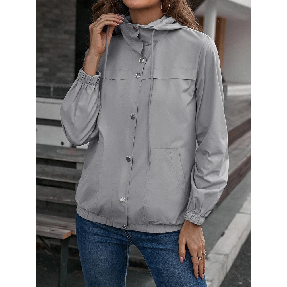 Women's Windbreaker Rain Jacket with Snap Button Hood and Elastic Hem - Image 1