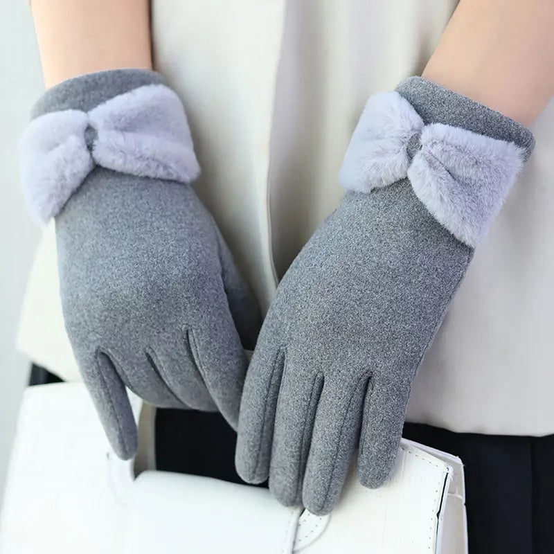 Women's Winter Gloves Ski Fleece with Faux Fur Bow Cuff Touchscreen - Image 1