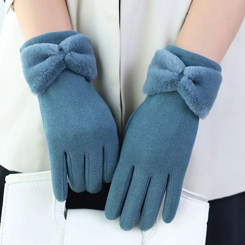 Women's Winter Gloves Ski Fleece with Faux Fur Bow Cuff Touchscreen - Image 3