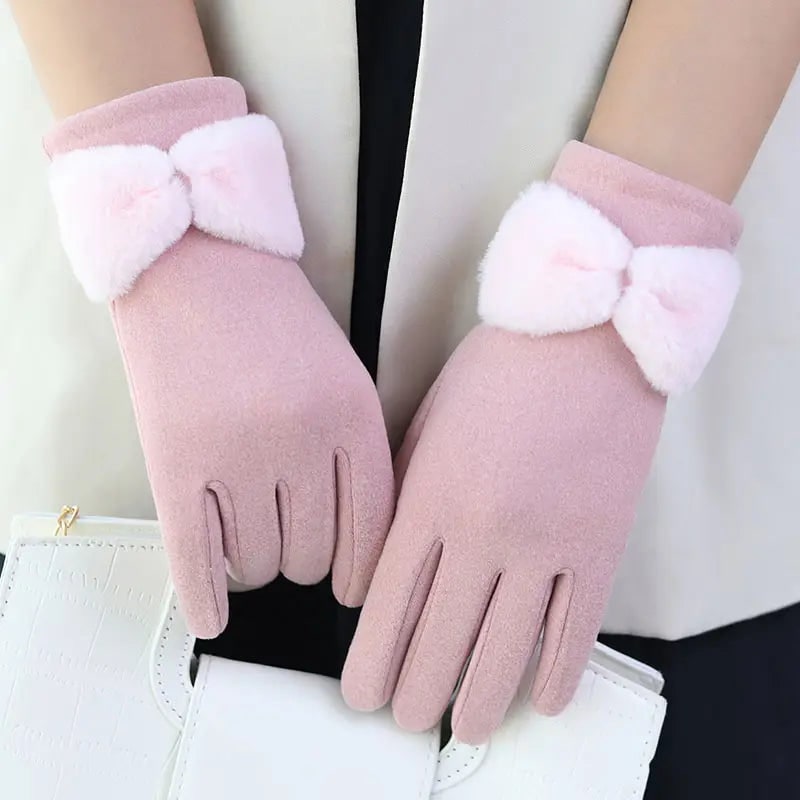 Women's Winter Gloves Ski Fleece with Faux Fur Bow Cuff Touchscreen - Image 4
