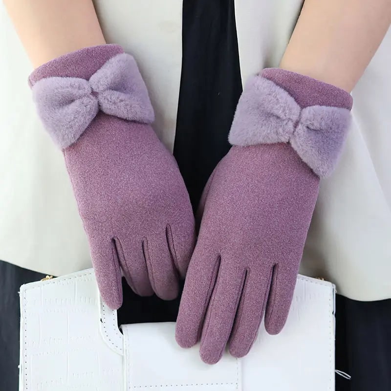 Women's Winter Gloves Ski Fleece with Faux Fur Bow Cuff Touchscreen - Image 5