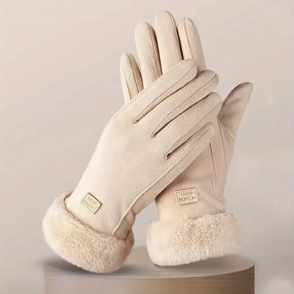 Women's Winter Gloves with Faux Suede and Plush Fur Cuff Insulated Touchscreen - Image 1