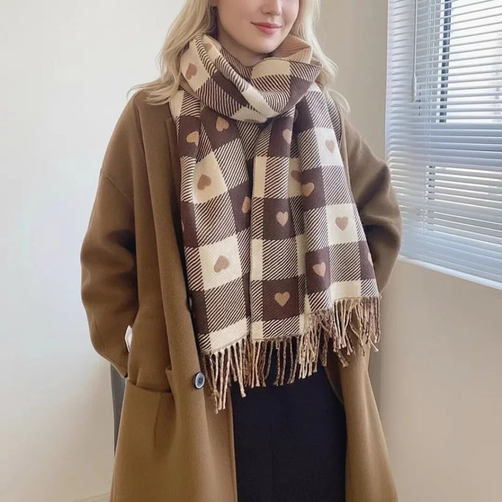 Women's Winter Plaid Scarf with Heart Print and Tassel Trim Christmas - Image 1
