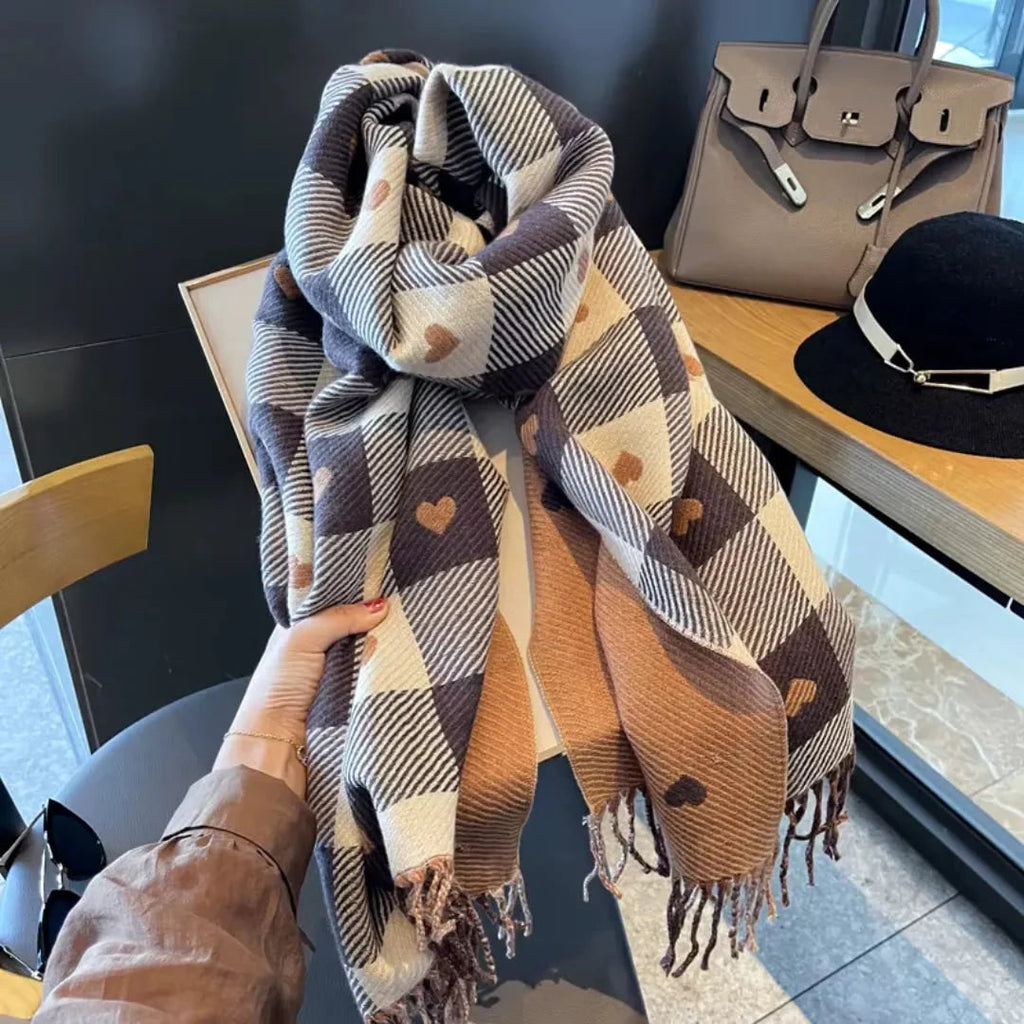 Women's Winter Plaid Scarf with Heart Print and Tassel Trim Christmas - Image 2