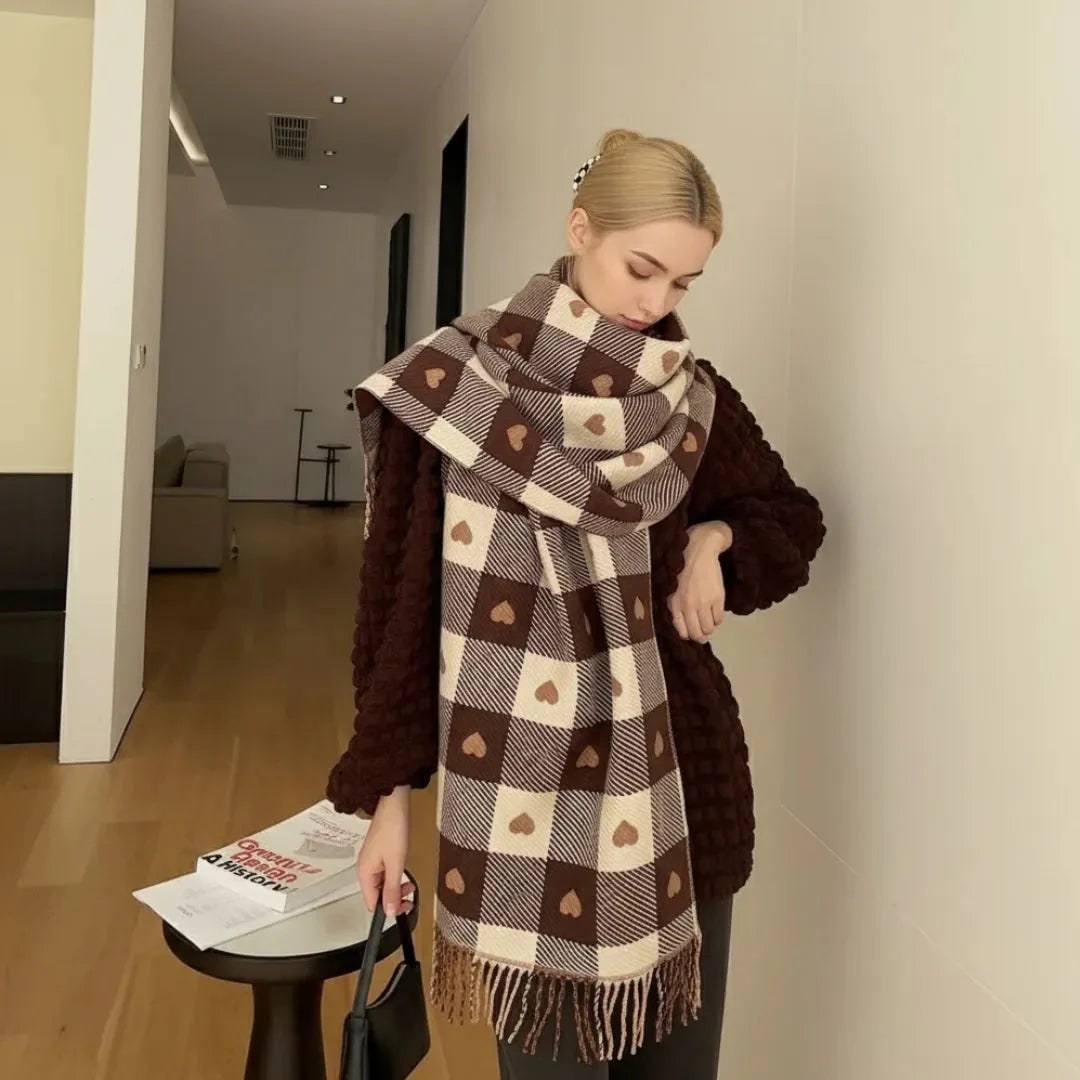 Women's Winter Plaid Scarf with Heart Print and Tassel Trim Christmas - Image 3