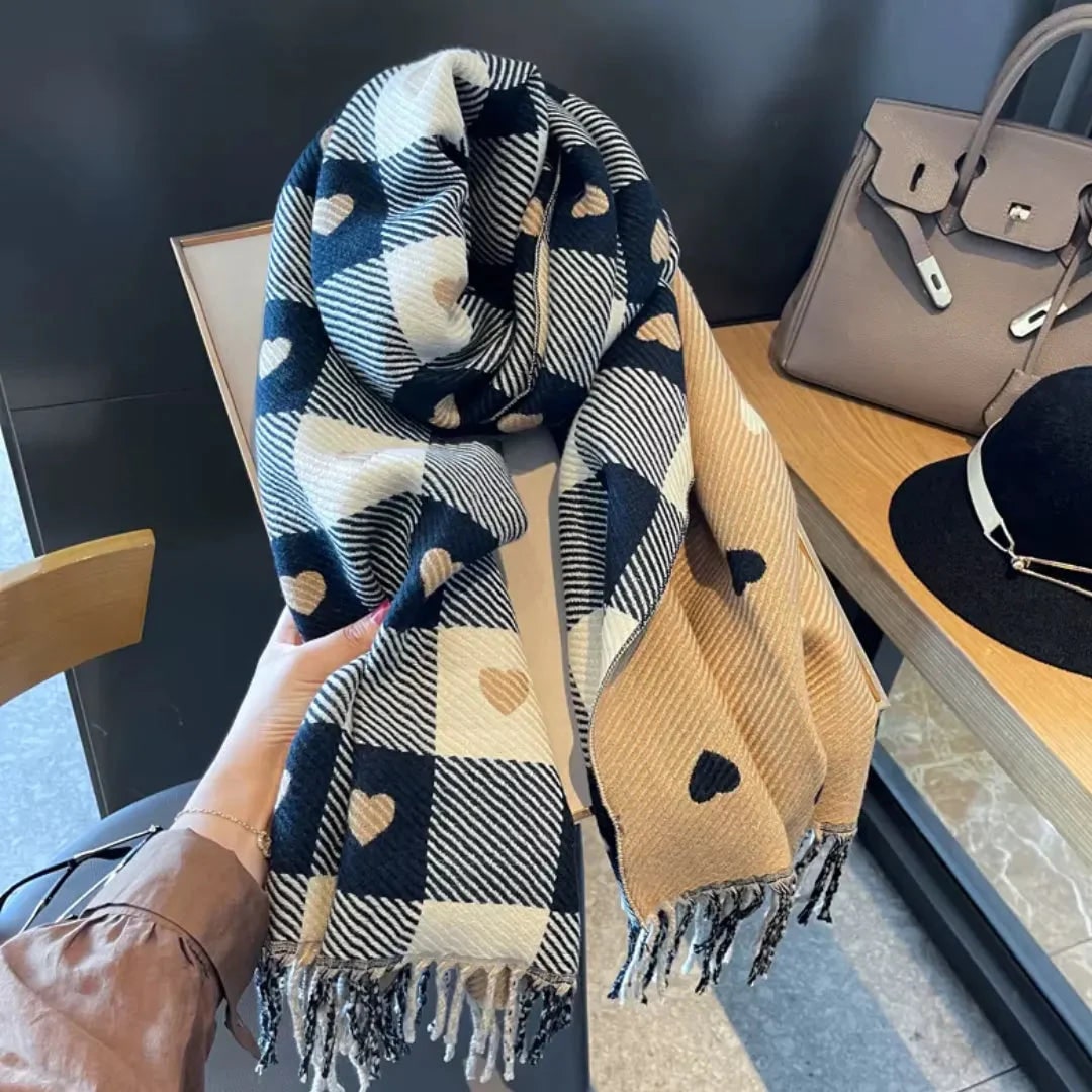 Women's Winter Plaid Scarf with Heart Print and Tassel Trim Christmas - Image 4