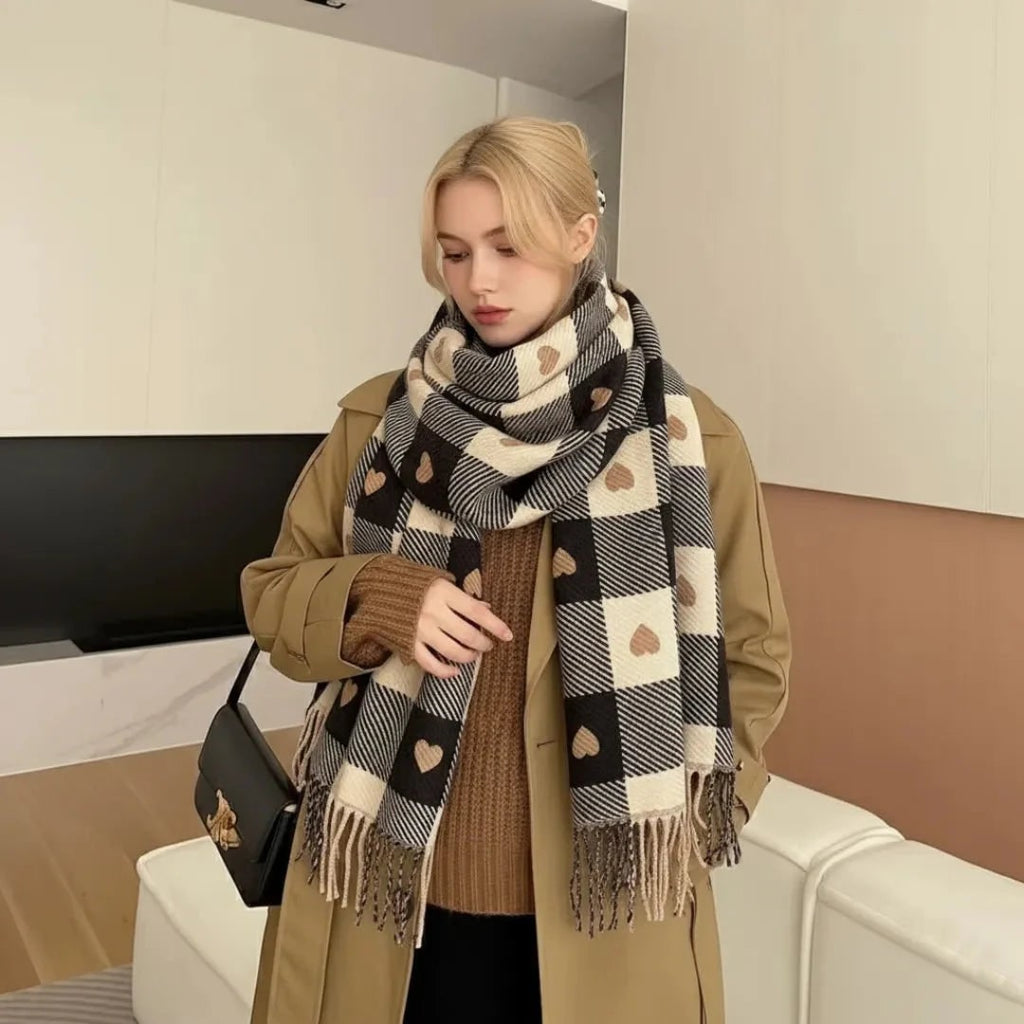 Women's Winter Plaid Scarf with Heart Print and Tassel Trim Christmas - Image 5