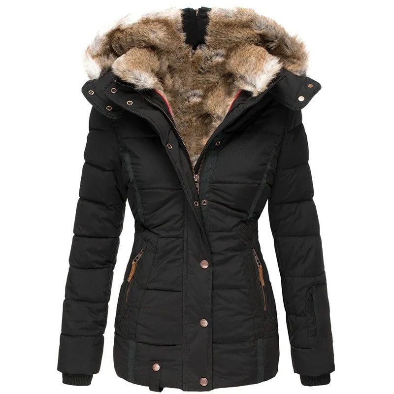 Women's Winter Puffer Coat with Faux Fur Hood and Quilted Design - Image 2