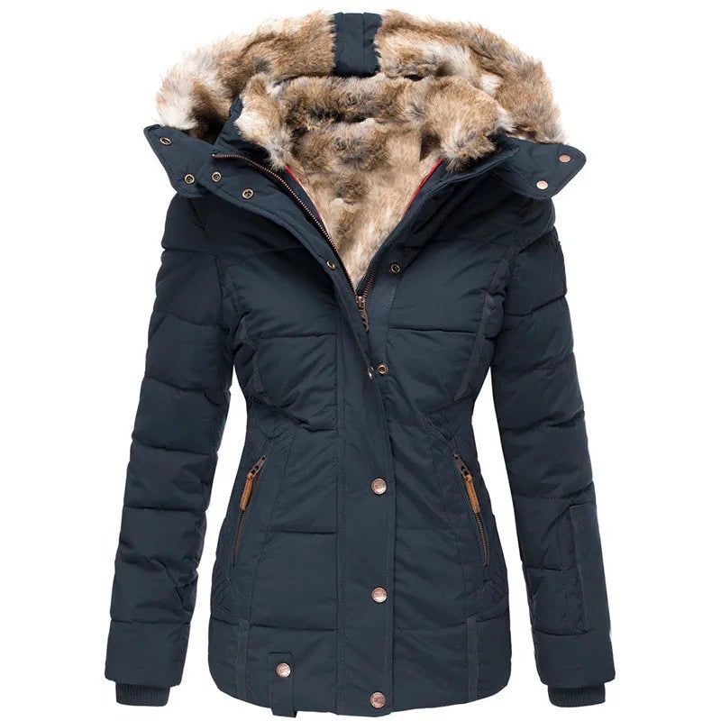 Women's Winter Puffer Coat with Faux Fur Hood and Quilted Design - Image 7