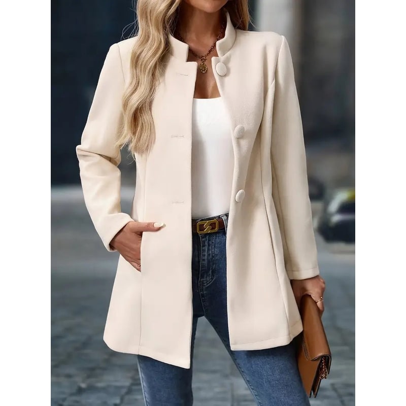 Women's Wool Coat Long Puffer Fleece with Stand Collar and Tailored Seams - Image 1