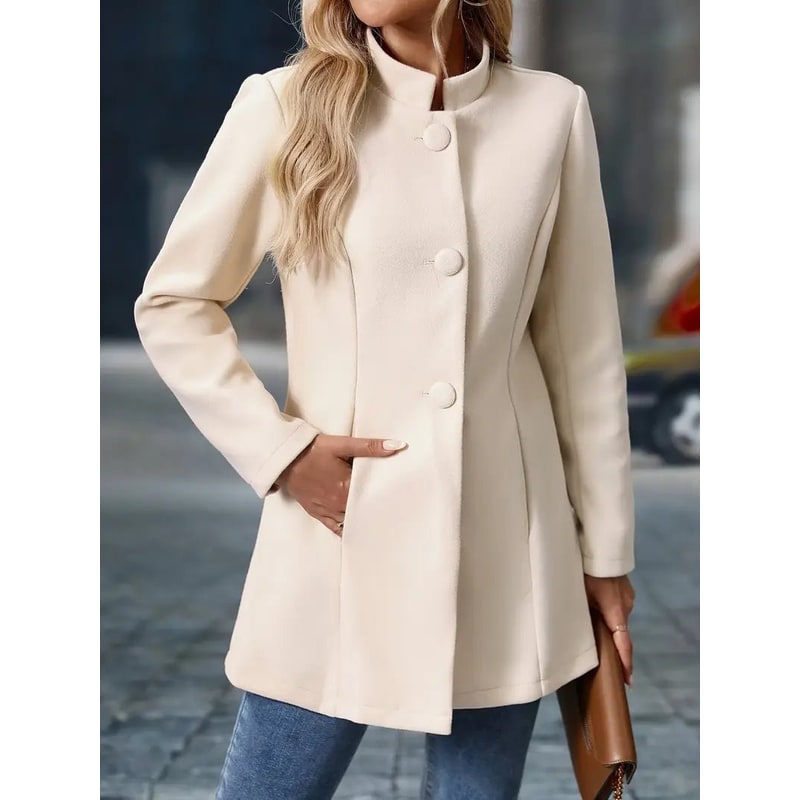 Women's Wool Coat Long Puffer Fleece with Stand Collar and Tailored Seams - Image 2