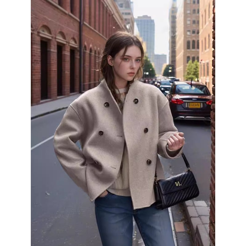Women's Wool Fleece Ski Jacket Double Breasted Oversized with Stand Collar - Image 7