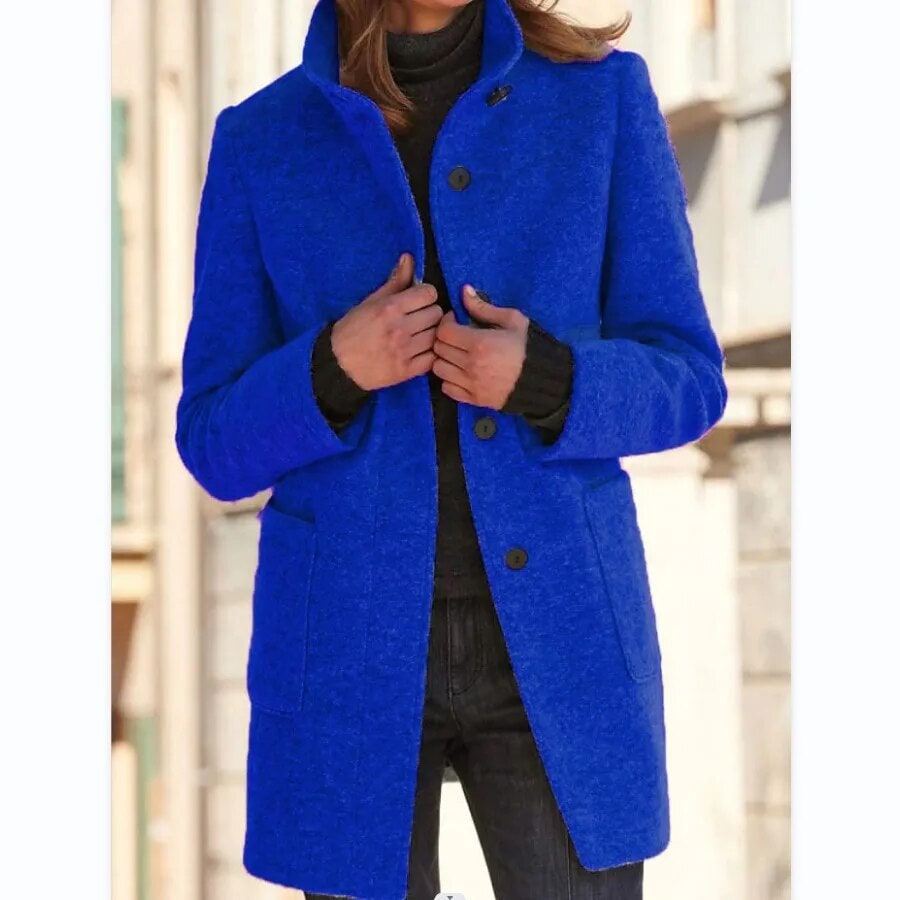 Women's Wool Winter Coat with Standing Collar and Front Patch Pockets - Image 3