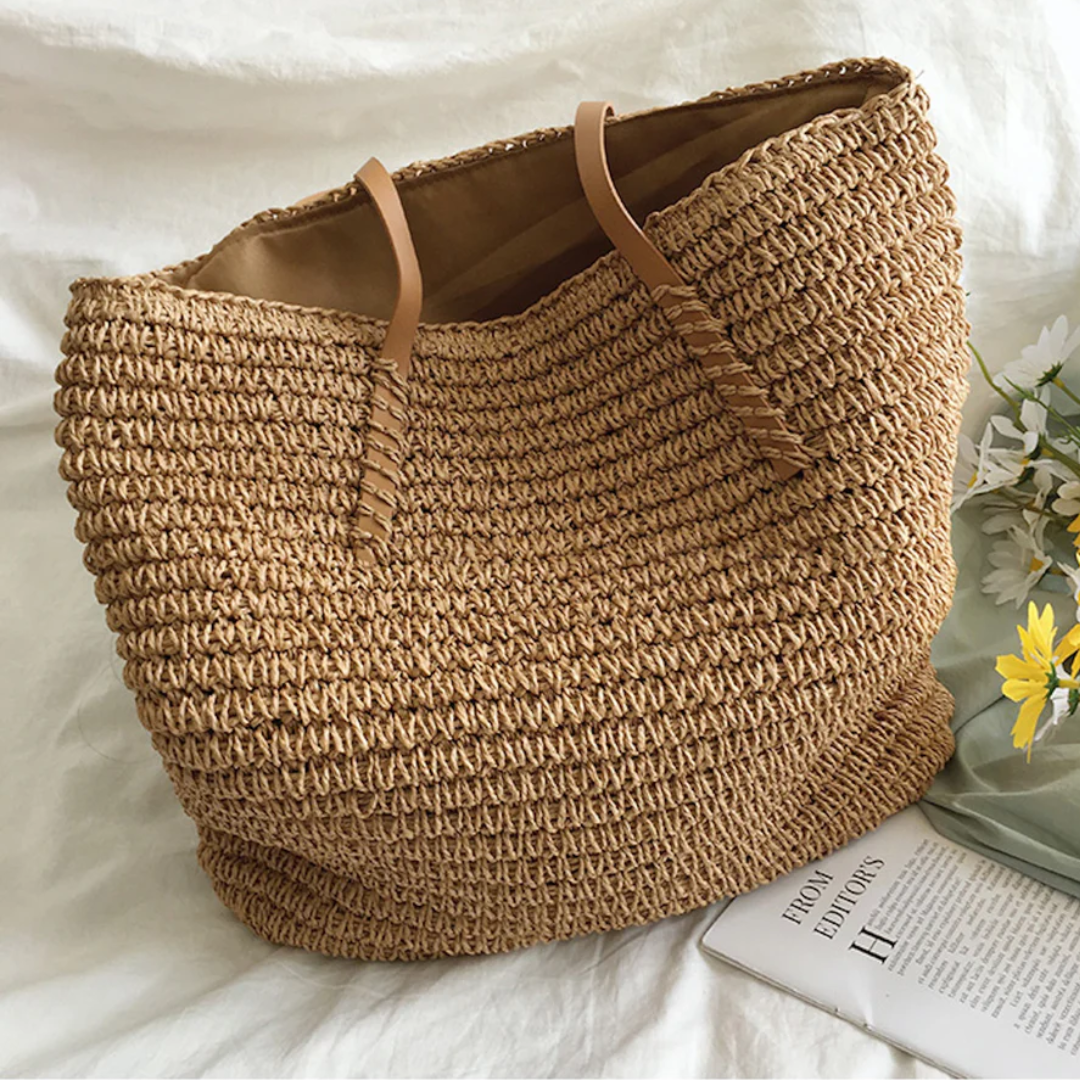 Women's Woven Straw Tote Bag Purse with Faux Leather Straps for Beach and Work - Image 1