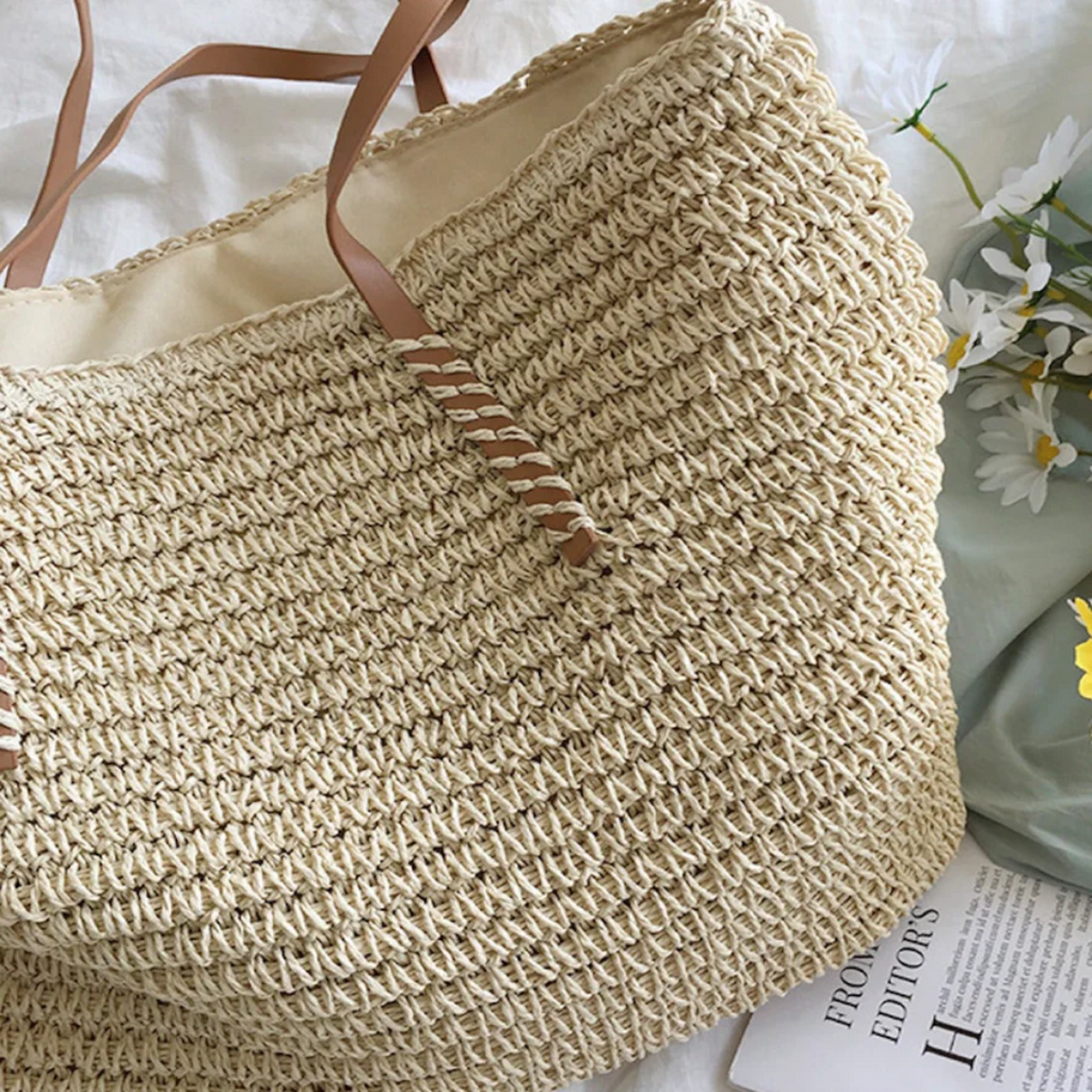 Women's Woven Straw Tote Bag Purse with Faux Leather Straps for Beach and Work - Image 10