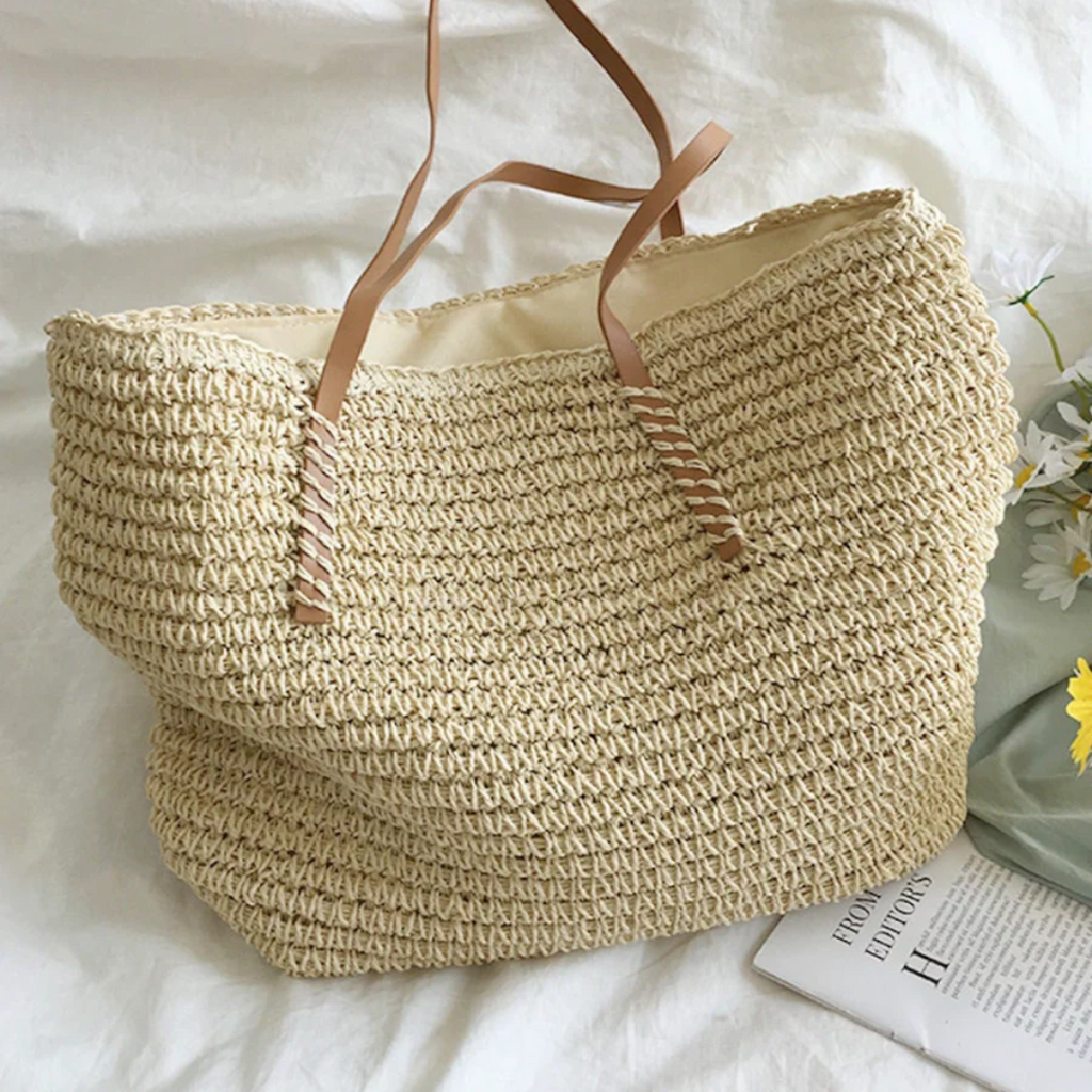 Women's Woven Straw Tote Bag Purse with Faux Leather Straps for Beach and Work - Image 11