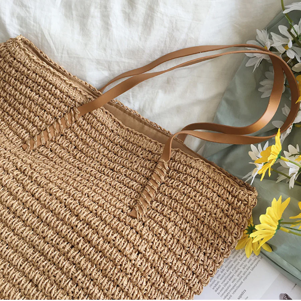 Women's Woven Straw Tote Bag Purse with Faux Leather Straps for Beach and Work - Image 2