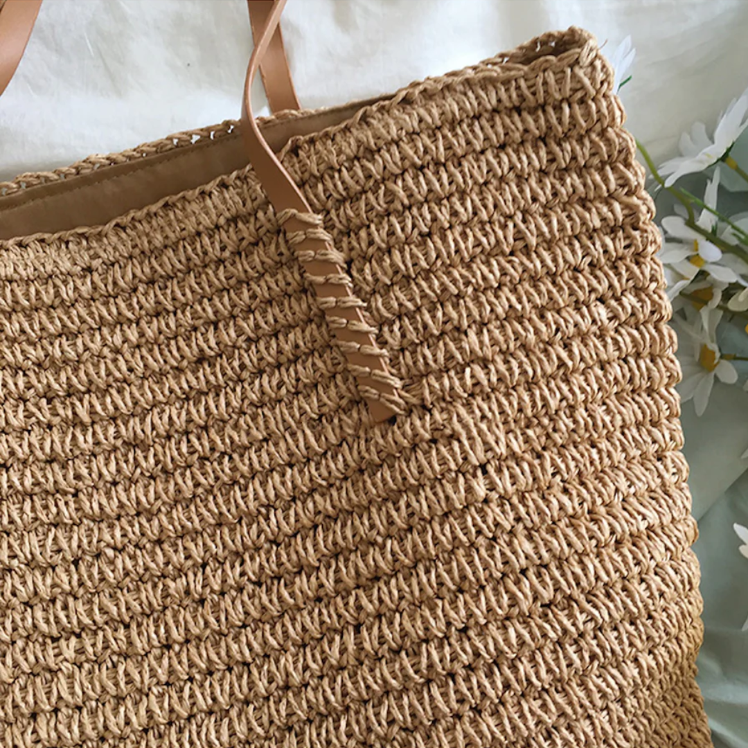 Women's Woven Straw Tote Bag Purse with Faux Leather Straps for Beach and Work - Image 3