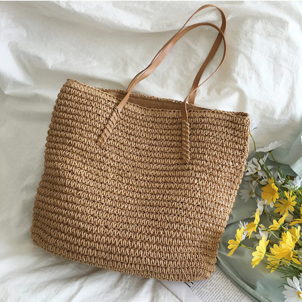 Women's Woven Straw Tote Bag Purse with Faux Leather Straps for Beach and Work - Image 4
