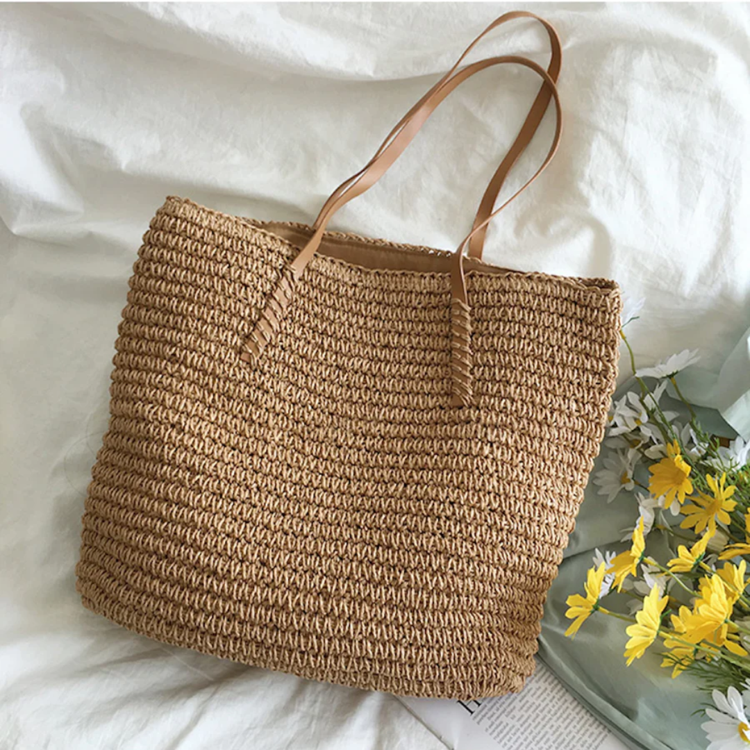 Women's Woven Straw Tote Bag Purse with Faux Leather Straps for Beach and Work - Image 4