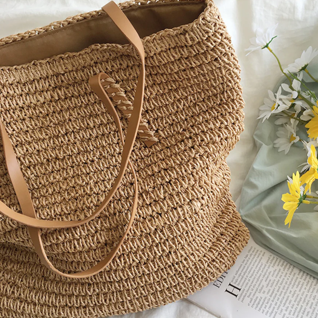 Women's Woven Straw Tote Bag Purse with Faux Leather Straps for Beach and Work - Image 5
