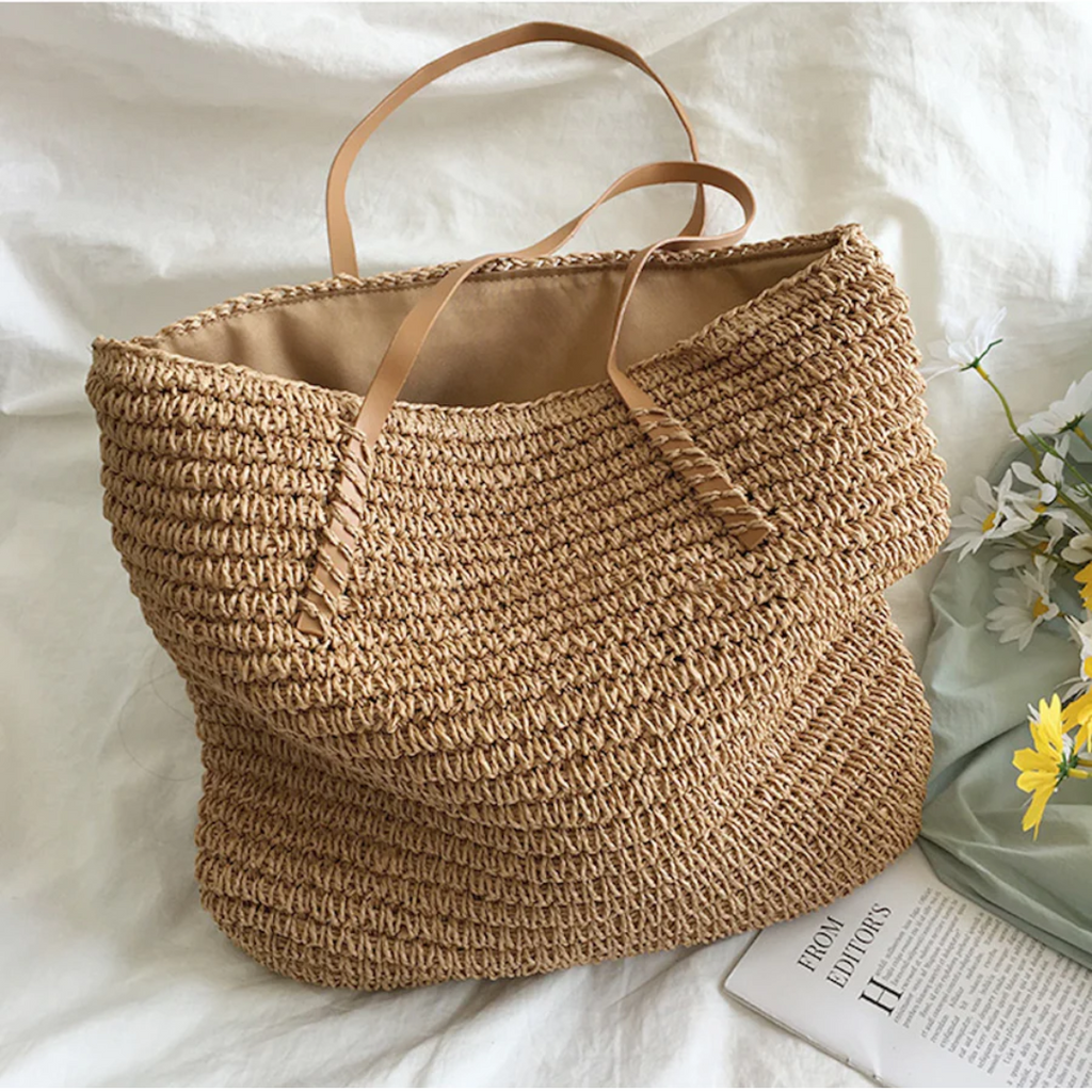Women's Woven Straw Tote Bag Purse with Faux Leather Straps for Beach and Work - Image 6