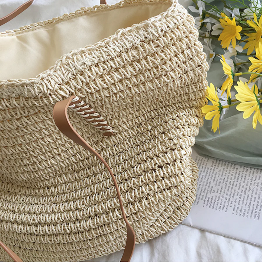 Women's Woven Straw Tote Bag Purse with Faux Leather Straps for Beach and Work - Image 9