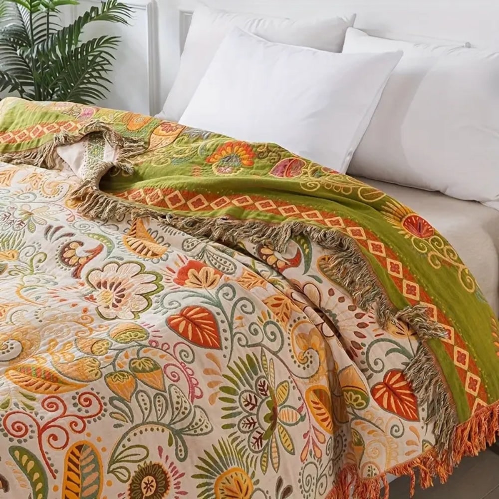 Woven Cotton Throw Blanket with Boho Floral Pattern and Decorative Fringes for Sofa and Bed - Image 2