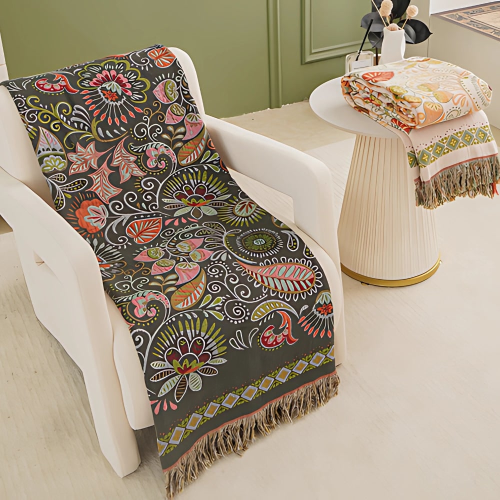 Woven Cotton Throw Blanket with Boho Floral Pattern and Decorative Fringes for Sofa and Bed - Image 3