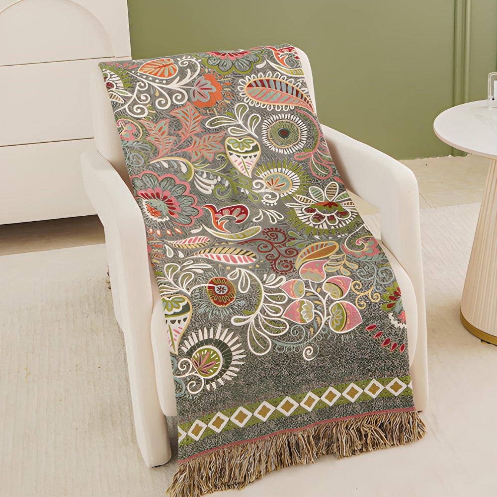 Woven Cotton Throw Blanket with Boho Floral Pattern and Decorative Fringes for Sofa and Bed - Image 4