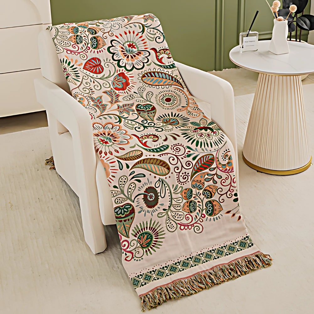 Woven Cotton Throw Blanket with Boho Floral Pattern and Decorative Fringes for Sofa and Bed - Image 5