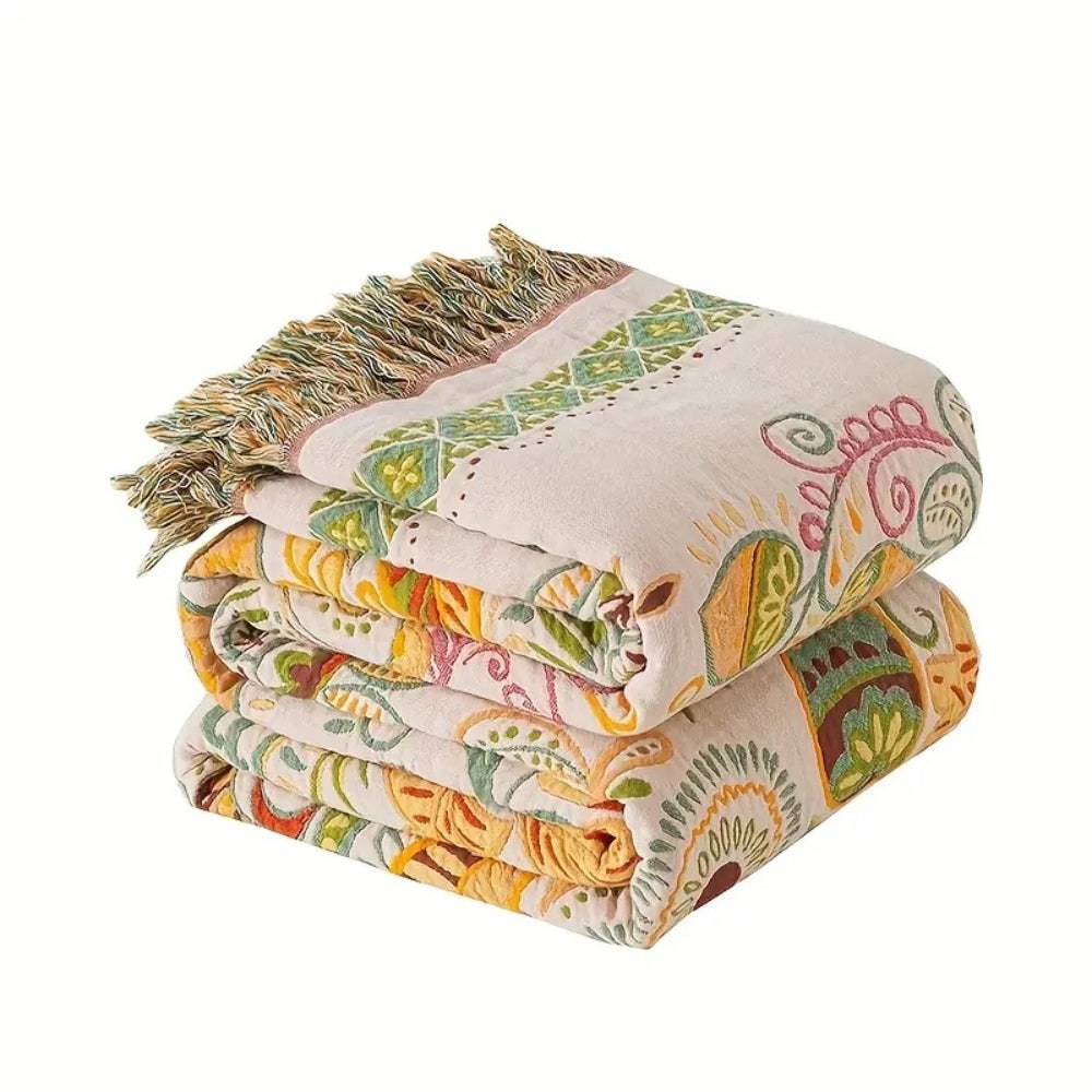 Woven Cotton Throw Blanket with Boho Floral Pattern and Decorative Fringes for Sofa and Bed - Image 6