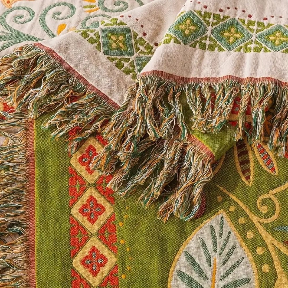 Woven Cotton Throw Blanket with Boho Floral Pattern and Decorative Fringes for Sofa and Bed - Image 7